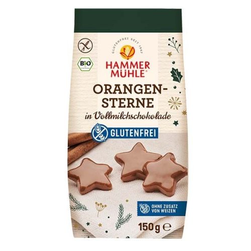 Hammermühle Bio, gluténmentes narancsos csillagok tejcsokoládéban 150 g